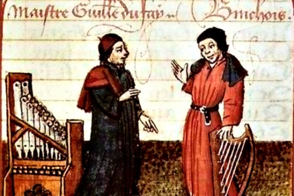 Master choralist Guillaume Dufay (of the Burgundian School) shown with Gilles Binchois.