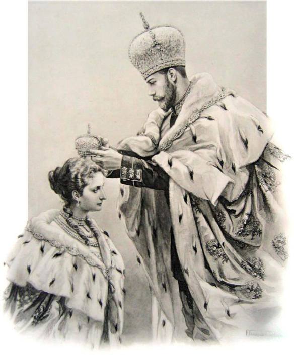 This sketch shows the moment at their joint coronation in which Nicholas II, already crowned with Catherine II's Great Imperial Crown, moves forward to place the smaller consort's crown on his wife's head. Moments before this scene, the Emperor would have briefly lifted off the crown which he had just placed on his head, and touched it to his wife's forehead, symbolically joining her to his exercise of the monarchical power entrusted to him by God.