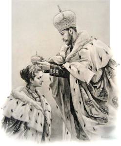 Nicholas II crowned Alexandra as Empress consort immediately following his own coronation. He took off his Imperial crown and touched it briefly to her forehead, symbolizing her sharing in his sacred duty of ruling Russia, and then proceeded to crown her with the smaller consort's crown.
