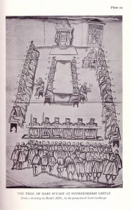 Drawing of the trial of Mary, Queen of Scots. The empty dais in the top center signified the royal authority of Queen Elizabeth as the English Sovereign in whose name the trial was conducted; Mary, seated in a lower chair to the right, argued in vain that she, as a queen in her own right, should also have a throne.