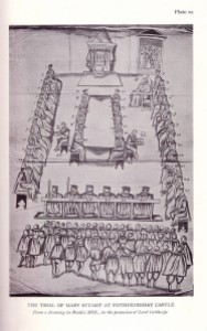 Drawing of the trial of Mary, Queen of Scots. The empty dais in the top center signified the royal authority of Queen Elizabeth as the English Sovereign in whose name the trial was conducted; Mary, seated in a lower chair to the right, argued in vain that she, as a queen in her own right, should also have a throne.